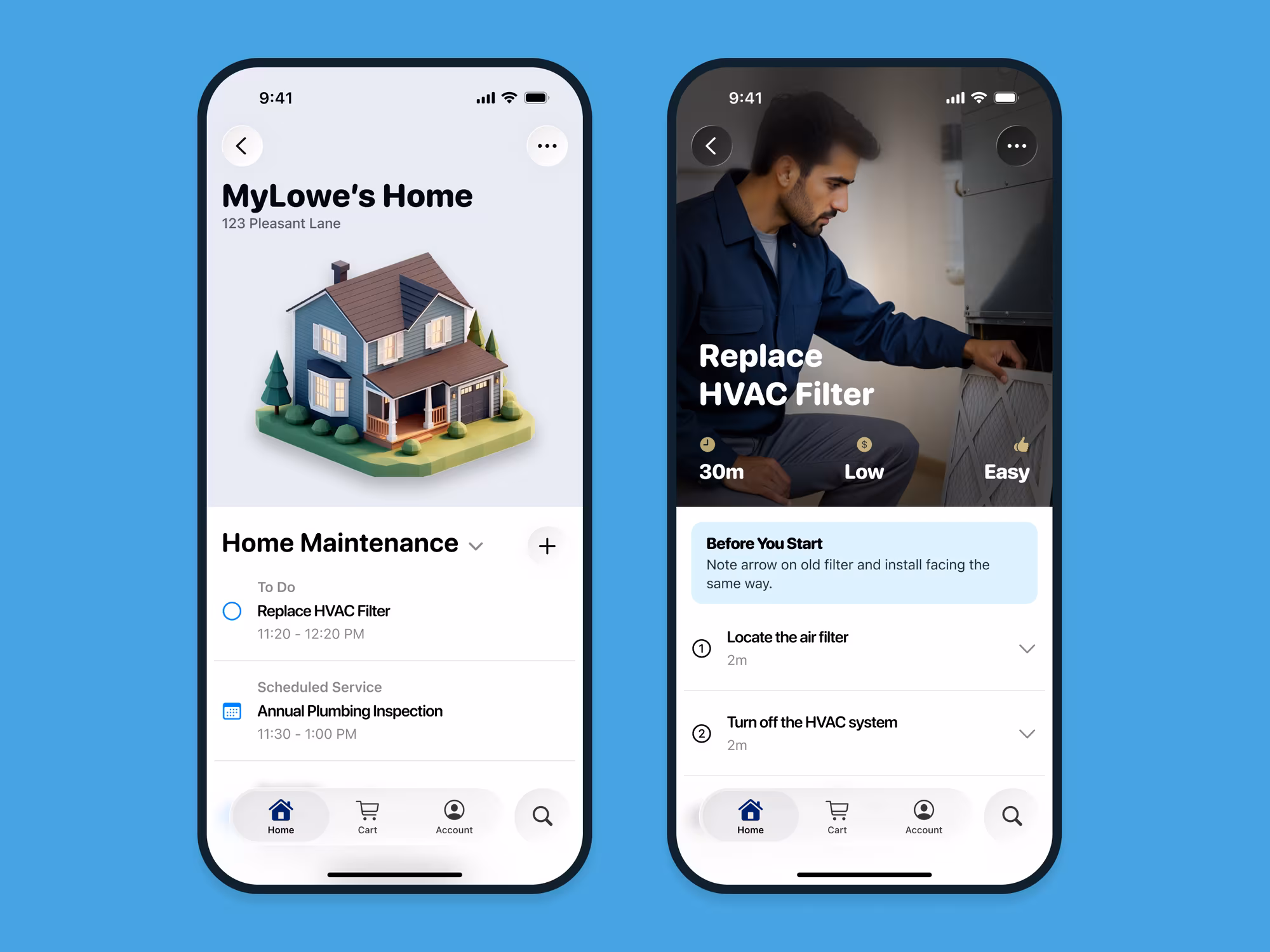Two phones on a blue ground: the MyLowe's Home dashboard for 123 Pleasant Lane with its home maintenance list, and a Replace HVAC Filter guide with time, cost, and difficulty