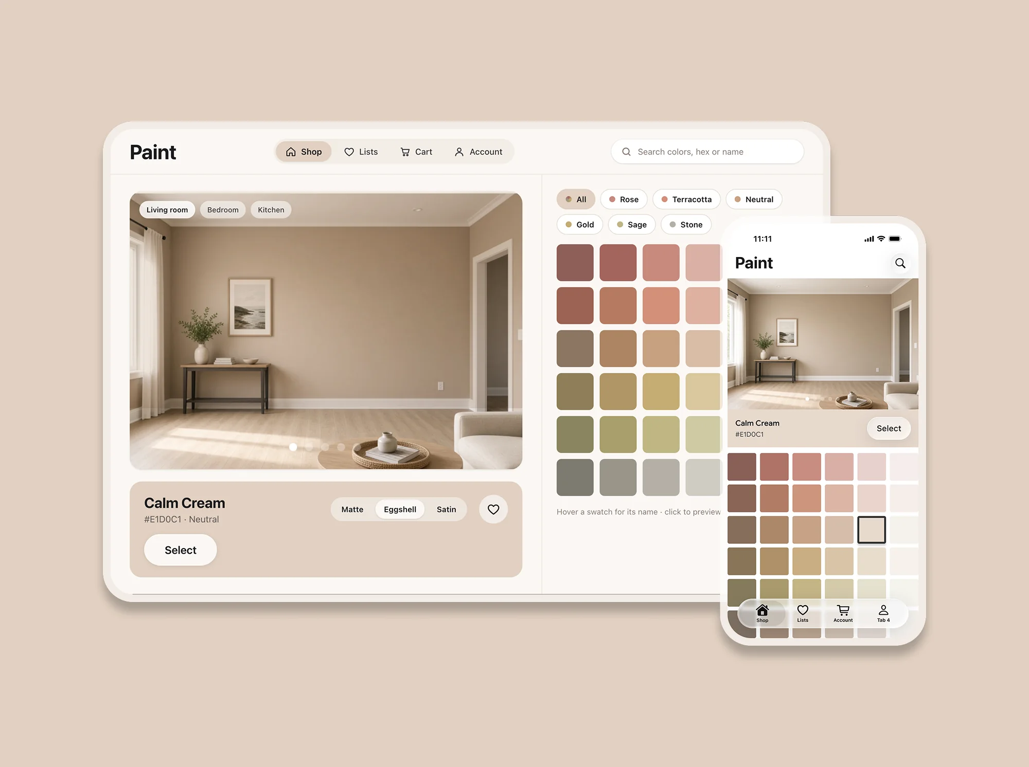 Desktop and phone of the Paint Configurator on a beige ground: living-room preview with Calm Cream, a color grid, and finish options